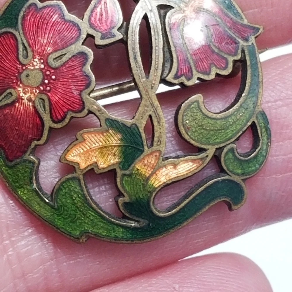 Antique brooch pin poppy flowers floral gold tone Victorian Edwardian red